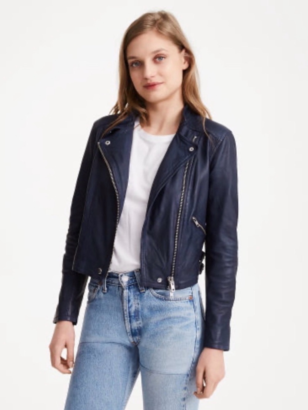 Club Monaco Collection Rowlen Zip-Front Lamb Leather Moto Jacket Blue Small